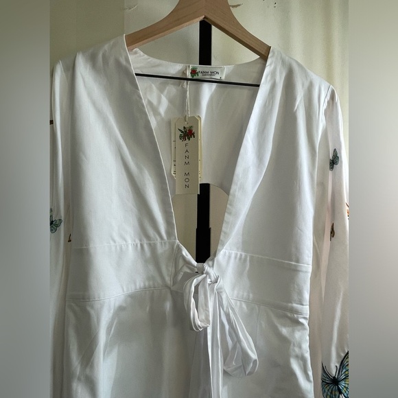 NWT Fanm Mon DressesEmbroidered Butterfly Cotton Long Sleeve Deep V Mini Dress S - Picture 5 of 10